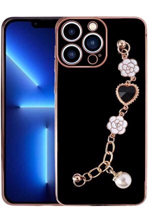 Apple iPhone 14 Pro Kılıf  Kalpli Çiçekli Bileklik Zincirli Kamera Korumalı Kenarları Gold Renk, Silikon