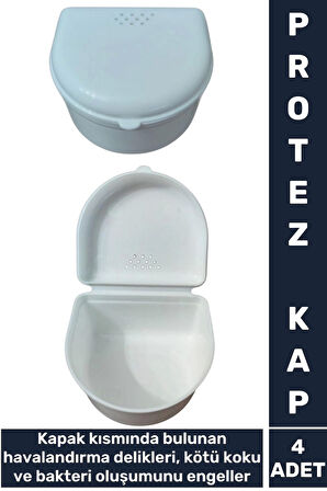 Premium Kötü Koku Bakteri Oluşumu Önleyici Delikli Kapaklı Hijyenik Protez Diş Saklama Kabı 4 Adet