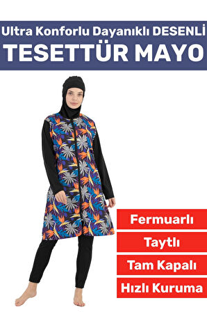 Premium Yüksek Kalite Konforlu Fermuarlı Tam Kapalı Yüzücü Deniz Havuz Desenli Taytlı TESETTÜR MAYO