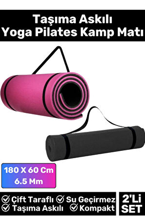 Özel Çift Taraflı Kaymaz Silinebilir Yoga Meditasyon Fitness Kamp Minderi 6,5Mm Askılı Mat 2'li Set