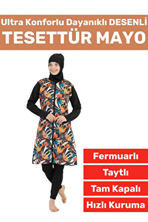 Yüksek Kalite Konforlu Fermuarlı Tam Kapalı Yüzücü Deniz Havuz Desenli Taytlı TESETTÜR MAYO