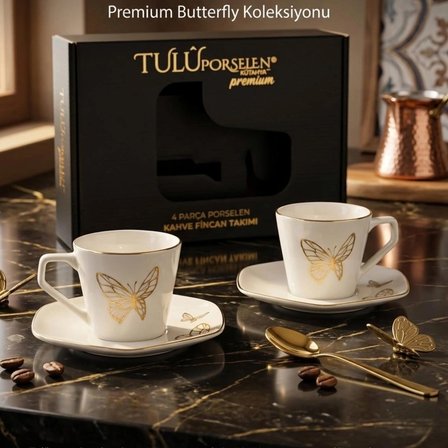 Tulu Porselen 2’li Gold Kelebek Detaylı Porselen Türk Kahvesi Fincan Seti-Orjinal Hediyelik Kutulu