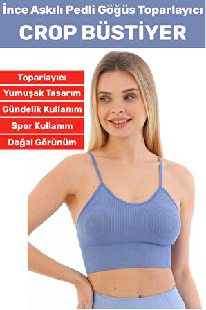 Göğüs Toparlayıcı Sarkma Önleyen Gündelik Spor Kullanım Şık İnce Askılı Pedli Çizgili Crop Büstiyer