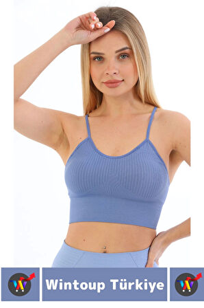 Göğüs Toparlayıcı Sarkma Önleyen Gündelik Spor Kullanım Şık İnce Askılı Pedli Çizgili Crop Büstiyer