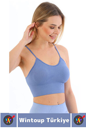 Göğüs Toparlayıcı Sarkma Önleyen Gündelik Spor Kullanım Şık İnce Askılı Pedli Çizgili Crop Büstiyer