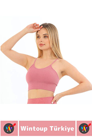 Göğüs Toparlayıcı Sarkma Önleyen Gündelik Spor Kullanım Şık İnce Askılı Pedli Çizgili Crop Büstiyer