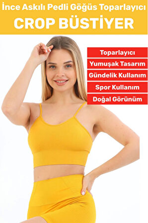 Göğüs Toparlayıcı Sarkma Önleyen Gündelik Spor Kullanım Şık İnce Askılı Pedli Çizgili Crop Büstiyer
