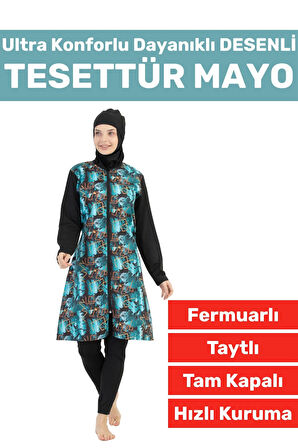 Premium Yüksek Kalite Konforlu Fermuarlı Tam Kapalı Yüzücü Deniz Havuz Desenli Taytlı Tesettür Mayo