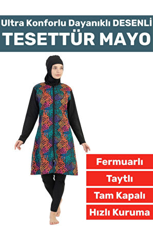 Premium Yüksek Kalite Konforlu Fermuarlı Tam Kapalı Yüzücü Deniz Havuz Desenli Taytlı TESETTÜR MAYO