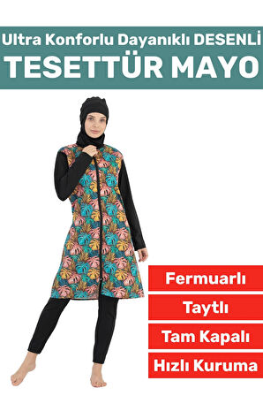 Premium Yüksek Kalite Konforlu Fermuarlı Tam Kapalı Yüzücü Deniz Havuz Desenli Taytlı TESETTÜR MAYO