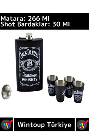 Premium Dekoratif Çelik Kutulu 1 Matara 4 Shot Bardak 1 Huni Siyah Jack Daniels Hediye Seti