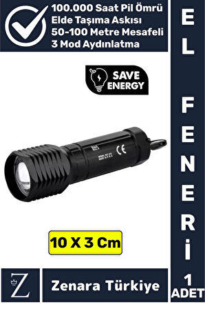 Kompakt Kamp Avcı Balıkçı Deprem Enerji Tasarrufu 3 Mod Güçlü Beyaz Işık Zoomlu Pilli Mini EL FENERİ