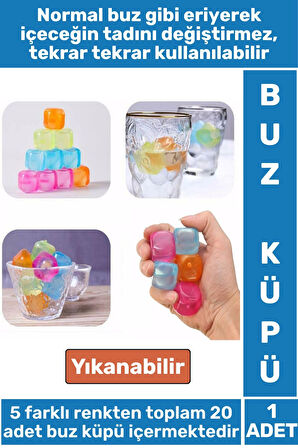 Yıkanabilir Tekrar Kullanılabilir Buzluk Banyo Havuz Kokteyl Serinlik Pratik Renkli Buz Küpü 20Adet