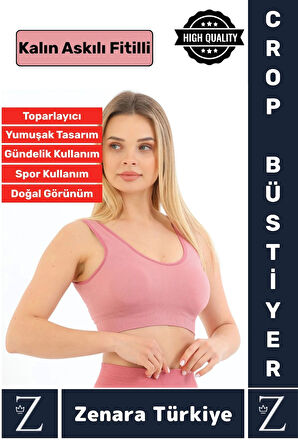 Özel Model Göğüs Toparlayan Sarkma Önleyen Gündelik Spor Kullanım Kalın Askılı Fitilli Crop Büstiyer