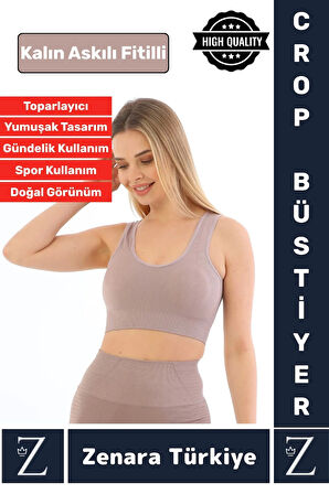 Özel Model Göğüs Toparlayan Sarkma Önleyen Gündelik Spor Kullanım Kalın Askılı Fitilli Crop Büstiyer