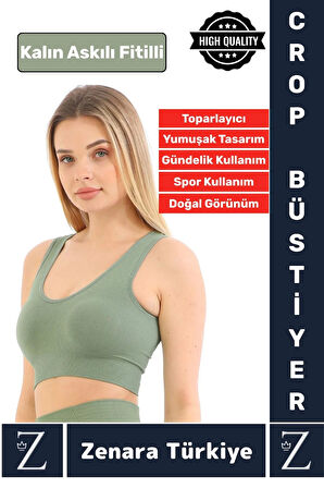 Özel Model Göğüs Toparlayan Sarkma Önleyen Gündelik Spor Kullanım Kalın Askılı Fitilli Crop Büstiyer