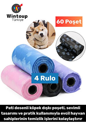 Evcil Hayvan Gezdirme Tuvalet Eğitim Hijyenik Sevimli Pati Desenli Köpek Kaka Poşeti 4 Rulo 60 Poşet