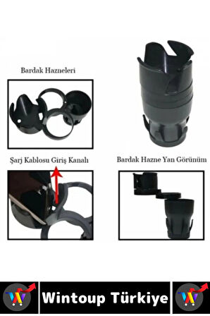 Oto Bardaklık Kullanım Kablo Geçişli Küçük Eşya Bardak Ayarlanabilir Araç İçi Çoklu Bardak Tutacağı