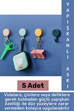 İz Bırakmaz Montaj Gerektirmez Mutfak Banyo Ev Ofis Kendinden Yapışkanlı Renkli Duvar Askısı 5 Adet