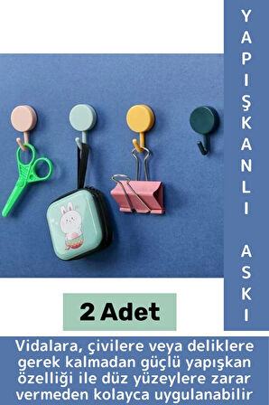 İz Bırakmaz Montaj Gerektirmez Mutfak Banyo Ev Ofis Kendinden Yapışkanlı Renkli Duvar Askısı 2 Adet