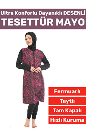 Premium Yüksek Kalite Konforlu Fermuarlı Tam Kapalı Yüzücü Deniz Havuz Taytlı Desenli TESETTÜR MAYO
