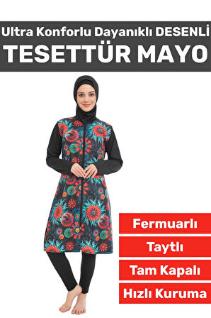 Premium Yüksek Kalite Konforlu Fermuarlı Tam Kapalı Yüzücü Deniz Havuz Taytlı Desenli TESETTÜR MAYO