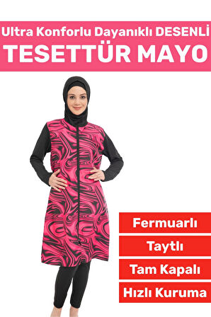 Premium Yüksek Kalite Konforlu Fermuarlı Tam Kapalı Yüzücü Deniz Havuz Taytlı Desenli TESETTÜR MAYO