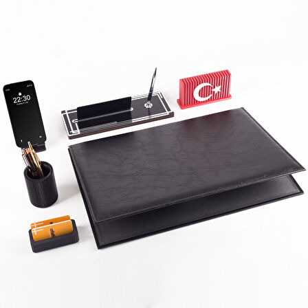 Redora Türk Bayraklı Biblolu Gümüş Renk Deri Ofis Sümen Seti İsme Özel Masa İsimliği Masaüstü Seti