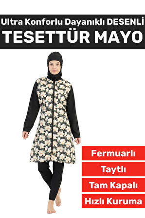 Premium Yüksek Kalite Konforlu Fermuarlı Tam Kapalı Yüzücü Deniz Havuz Desenli Taytlı TESETTÜR MAYO
