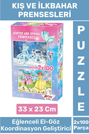 Eğlenceli El Göz Koordinasyon Beceri Geliştirici Çocuk 2x100 PUZZLE KIŞ VE İLKBAHAR PRENSESLERİ