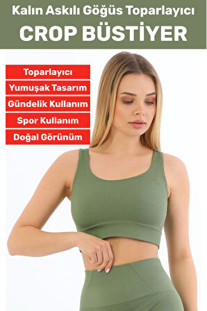 Göğüs Toparlayıcı Sarkma Önleyen Gündelik Spor Kullanım Şık Kalın Askılı Çizgili Crop Büstiyer