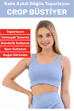 Göğüs Toparlayıcı Sarkma Önleyen Gündelik Spor Kullanım Şık Kalın Askılı Çizgili Crop Büstiyer