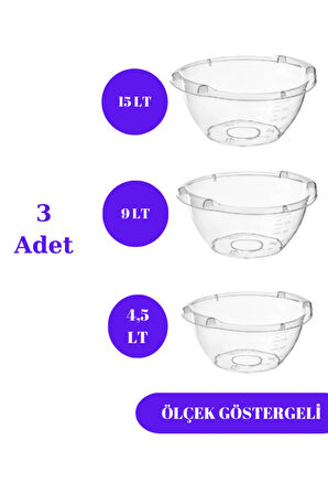 Şeffaf Badya Leğen Ölçek Göstergeli 3 Adet (15 LT - 9 LT - 4,5 LT)