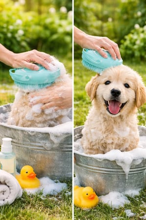 Şampuan Hazneli Silikon Köpek Yıkama Fırçası Köpük Veren Masajlı Evcil Hayvan Banyo Tarağı