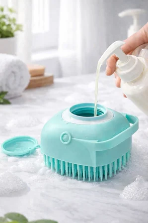 Şampuan Hazneli Silikon Köpek Yıkama Fırçası Köpük Veren Masajlı Evcil Hayvan Banyo Tarağı