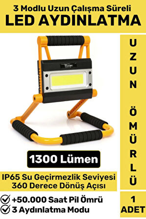 Uzun Ömürlü Kamp Avcı Deprem 3 Modlu 360 Derece Döner Şarjlı Beyaz Işık 1300 Lümen LED AYDINLATMA