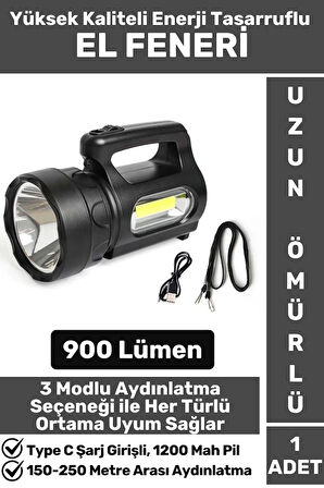 Premium Seri Uzun Ömürlü Kamp Avcı Deprem 3 Aydınlatma Modlu Şarjlı Beyaz Işık 900 Lümen El Feneri