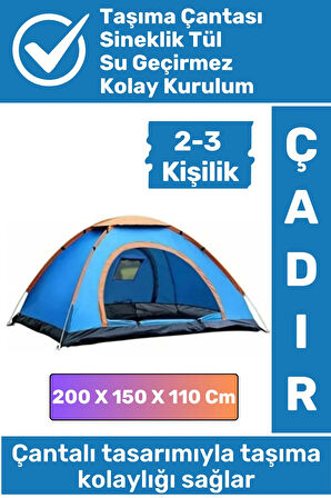 Premium Su Geçirmez Kapı Sineklik Tül Dayanıklı Kolay Kurulum 2-3 Kişilik Çantalı Kamp Deprem Çadırı