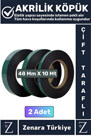 Ultra Güçlü İz Bırakmaz Elastik Kolay Şekil Alan Çift Taraflı Akrilik Köpük Bant 48MmX10 Metre 2Adet