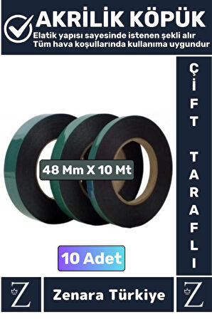 Ultra Güçlü İz Bırakmaz Elastik Kolay Şekil Alan Çift Taraflı Akrilik Köpük Bant 48MmX10Metre 10Adet