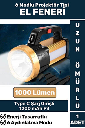 Premium Seri Uzun Ömürlü Kamp Avcı Deprem 6 Modlu Şarjlı Beyaz Işık 1000 Lümen El Feneri