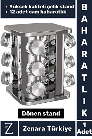 Premium Dayanıklı Çelik Mutfak Kuru Gıda Bakliyat Baharat 12 Cam Şişeli Dönen Baharatlık Standı