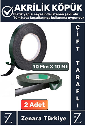 Ultra Güçlü İz Bırakmaz Elastik Kolay Şekil Alan Çift Taraflı Akrilik Köpük Bant 10Mm-10Metre 2 Adet