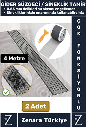 Suya Dayanıklı 0.55 Mm Delikli Sineklik Tamir Kiti Gider Süzgeci Saç Kıl Ayırıcı 12 CmX4 Metre 2Adet
