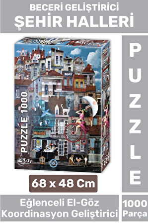 Premium El Göz Koordinasyon Beceri Görsel Algı Geliştirici Çocuk 1000 Parça PUZZLE ŞEHİR HALLERİ
