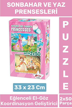 Eğlenceli El Göz Koordinasyon Beceri Geliştirici Çocuk 2X50 Parça PUZZLE SONBAHAR VE YAZ PRENSESLERİ