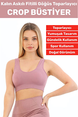 Göğüs Toparlayıcı Sarkma Önleyen Gündelik Spor Kullanım Şık Kalın Askılı Fitilli Crop Büstiyer