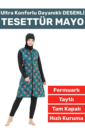 Premium Yüksek Kalite Konforlu Fermuarlı Tam Kapalı Yüzücü Deniz Havuz Desenli Taytlı TESETTÜR MAYO
