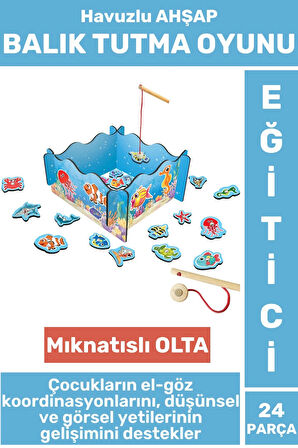 Eğitici El-Göz Koordinasyonu Parça Bütün İlişkisi Eğlenceli Havuzlu Ahşap MANYETİK BALIK TUTMA OYUNU