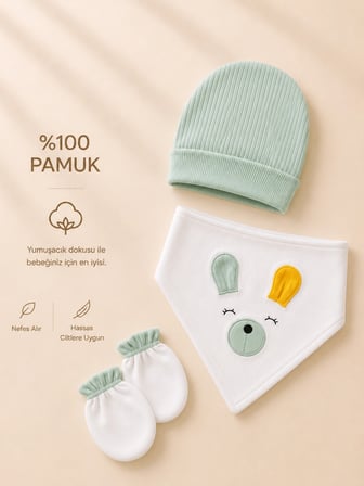 %100 Pamuk Yenidoğan Bebek Hastane Çıkışı Seti 5 Parça Tavşan Kulaklı Zıbın Takımı Yeşil (0-3 Ay )